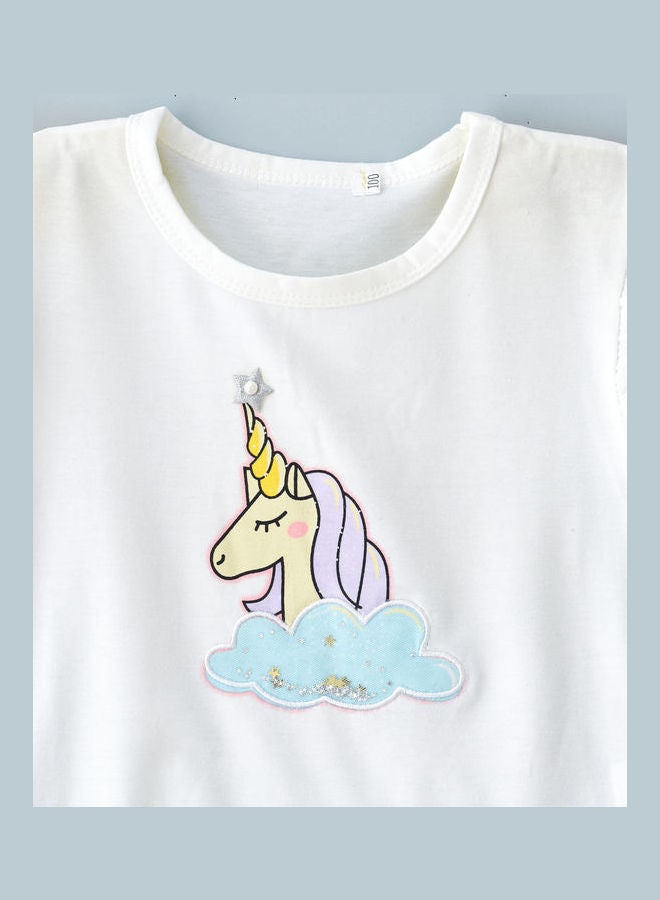 babyqlo - Unicorn Printed Top And Ruffle Layer Skirt Set White/Blue - Image 1