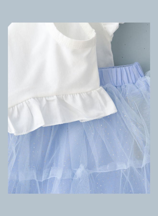 babyqlo - Unicorn Printed Top And Ruffle Layer Skirt Set White/Blue - Image 1