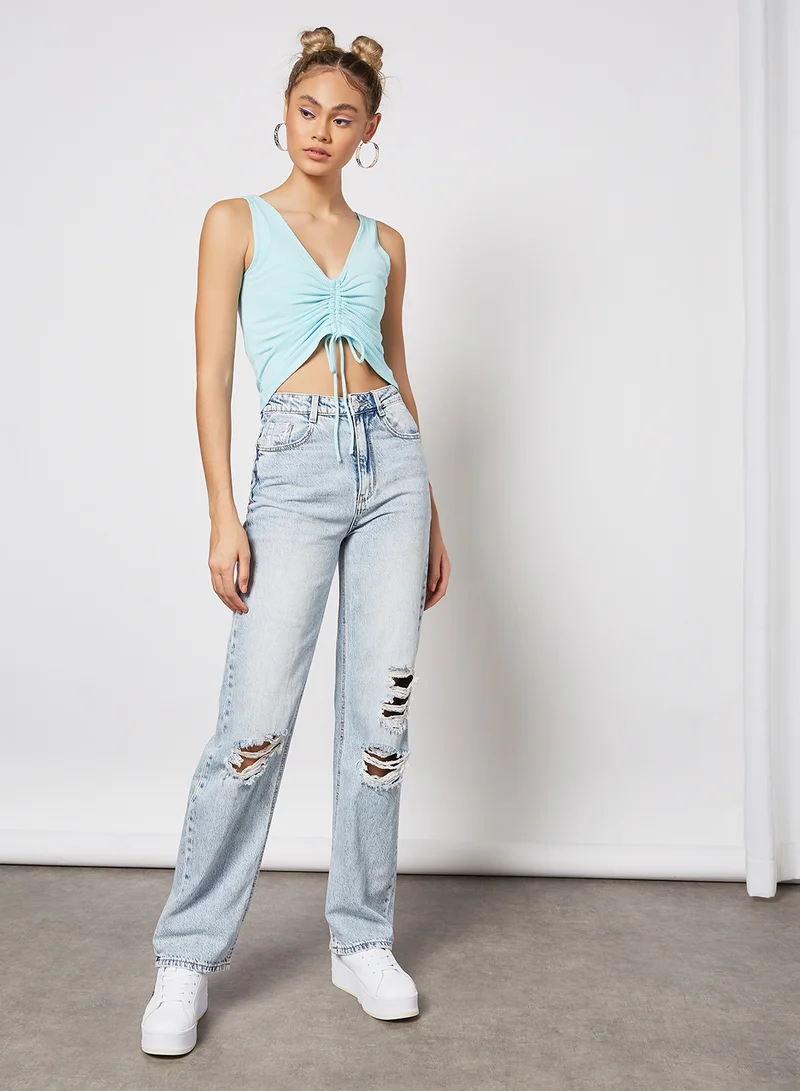Pimkie Ruched Ribbed Top Blue