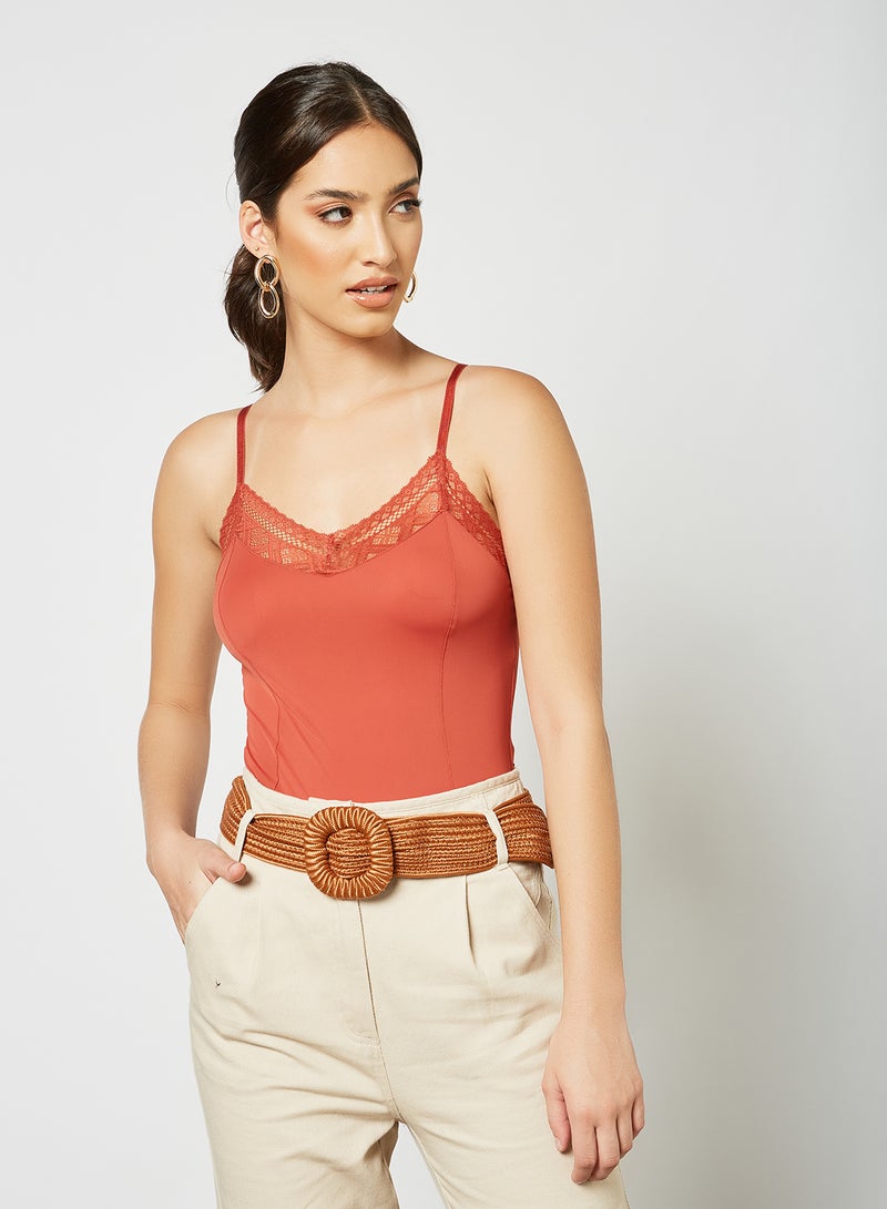 ONLY - Lace Trim Bodysuit Pale Red - Image 1
