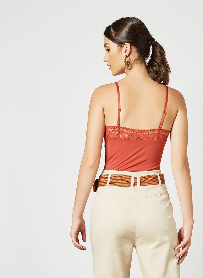 ONLY - Lace Trim Bodysuit Pale Red - Image 1