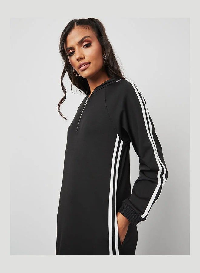 Closet By Styli Side Stripe Detail Hooded Maxi Dress Black/White