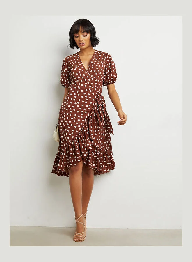 FEMELLA Polka Dot Printed Wrap Dress Brown/White
