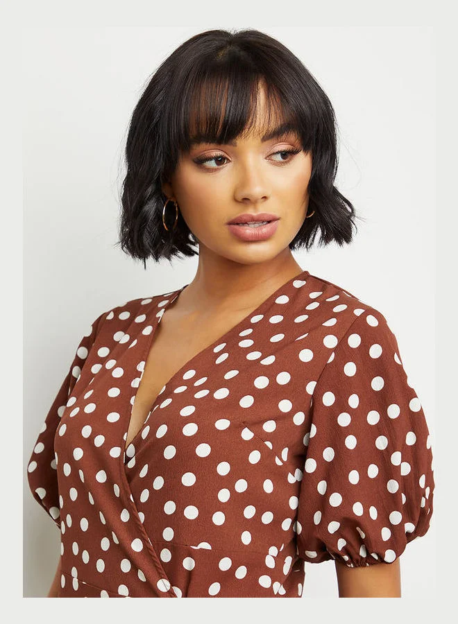 FEMELLA Polka Dot Printed Wrap Dress Brown/White