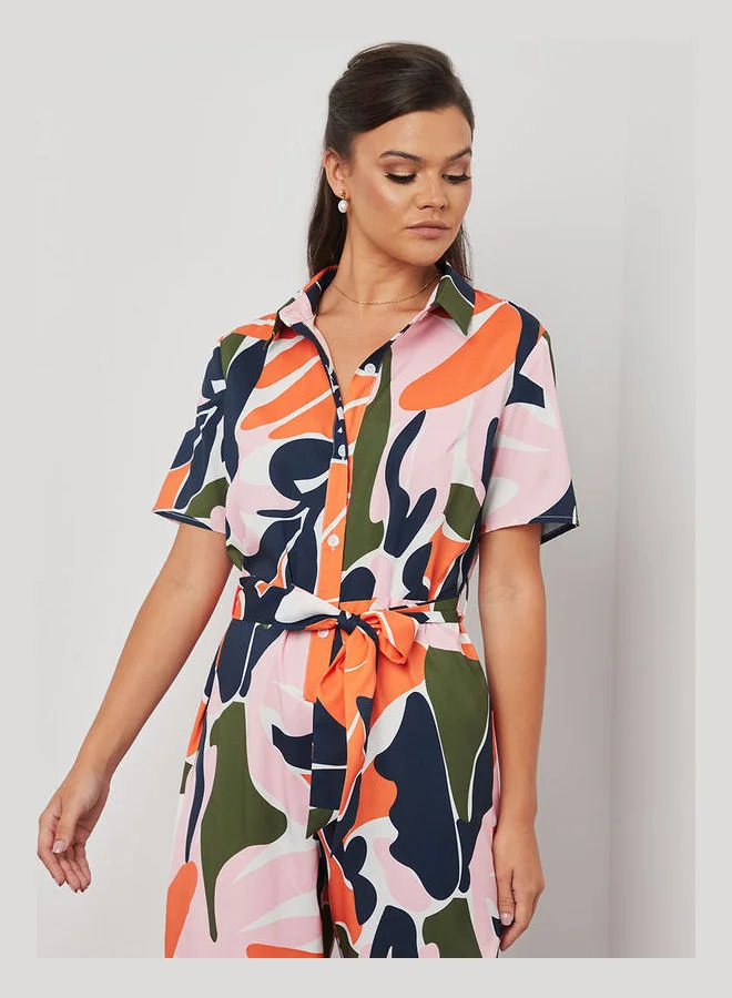 Closet By Styli Abstract Print Self Tie Belt Jumpsuit Multicolour