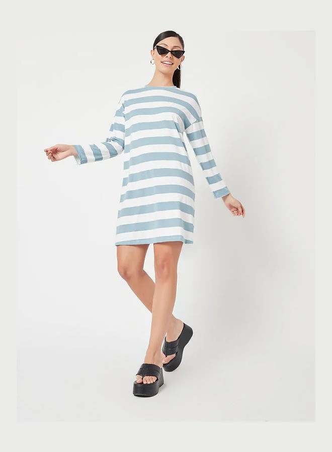 Closet By Styli Striped Pattern Long Sleeve Mini T-Shirt Dress Blue/White