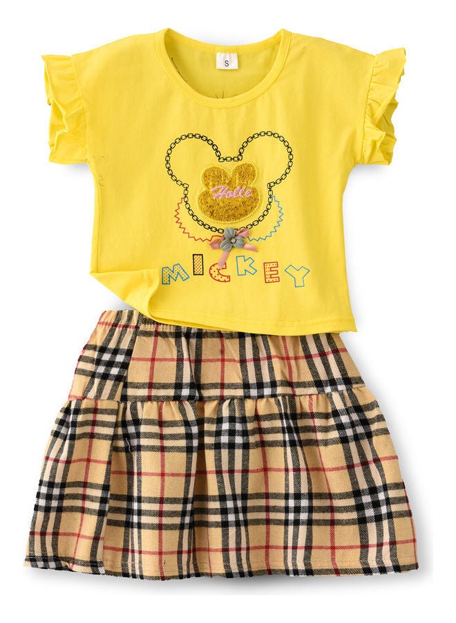 babyqlo Mickey Theme Top And Checked Printed Skirt Set Multicolour  - Image 1