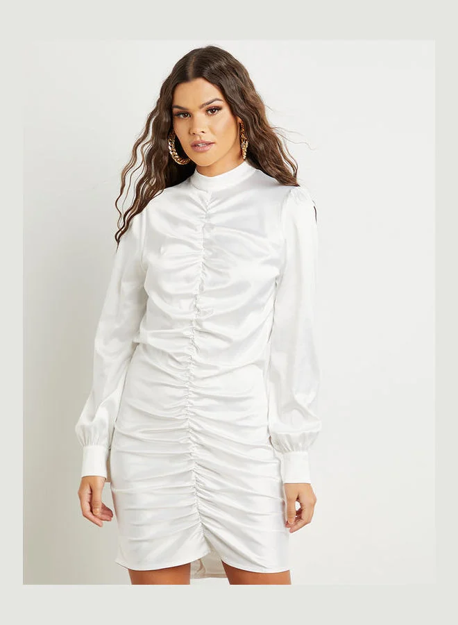 Closet By Styli High Neck Gathered Bodycon Mini Dress White