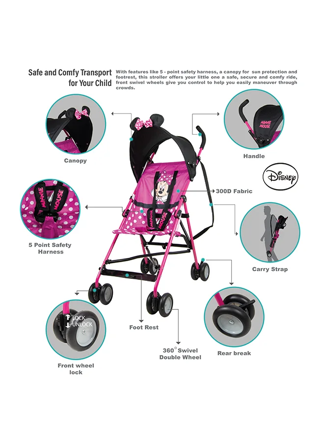 Disney Minnie Mouse 3D Ears Lightweight Buggy Stroller 3 - 36 Months, Pink, Rear Breaks, Shoulder Strap