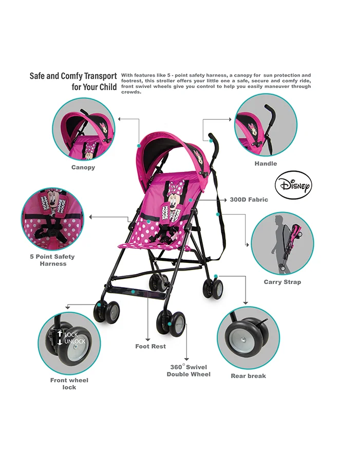 Disney Minnie Mouse Lightweight Buggy Stroller 3 - 36 Months, Pink, Rear Breaks, Shoulder Strap