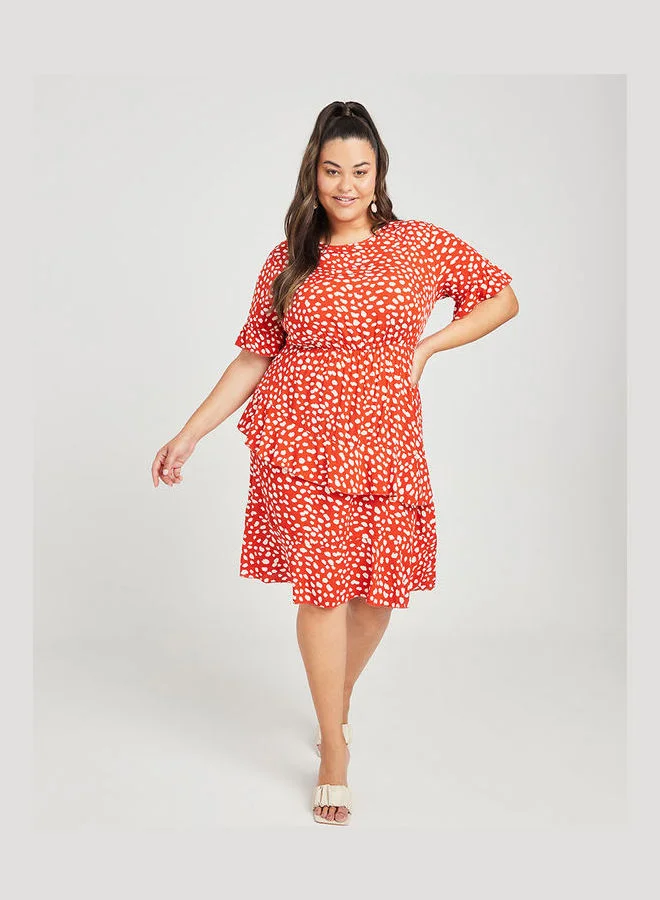 Closet By Styli Animal Print Tiered Knee Length Dress Plus Size Orange/White