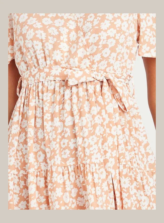 Closet By Styli Floral Printed Tie Belt A-Line Midi Dress Pink/White