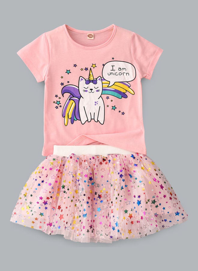 babyqlo Kittycorn Printed T-Shirt And Stars Printed Net Skirt Set Pink/Purple/White  - Image 1