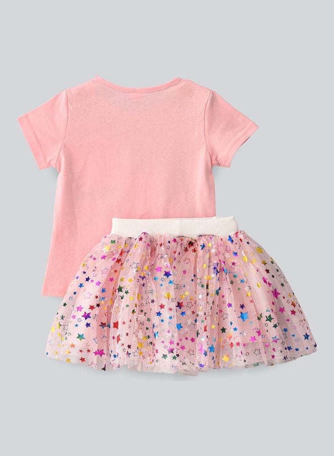 babyqlo Kittycorn Printed T-Shirt And Stars Printed Net Skirt Set Pink/Purple/White  - Image 2