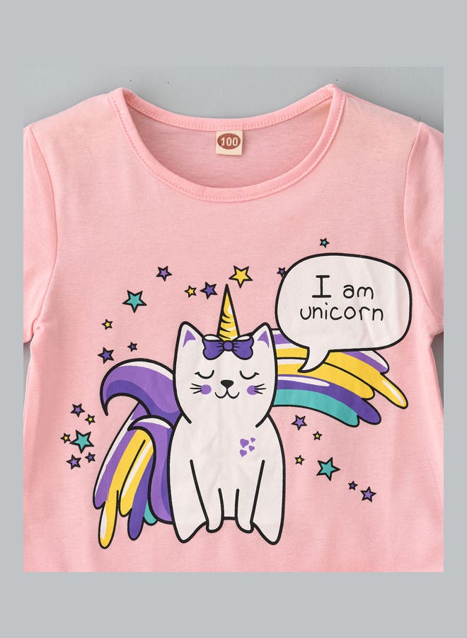 babyqlo Kittycorn Printed T-Shirt And Stars Printed Net Skirt Set Pink/Purple/White  - Image 3