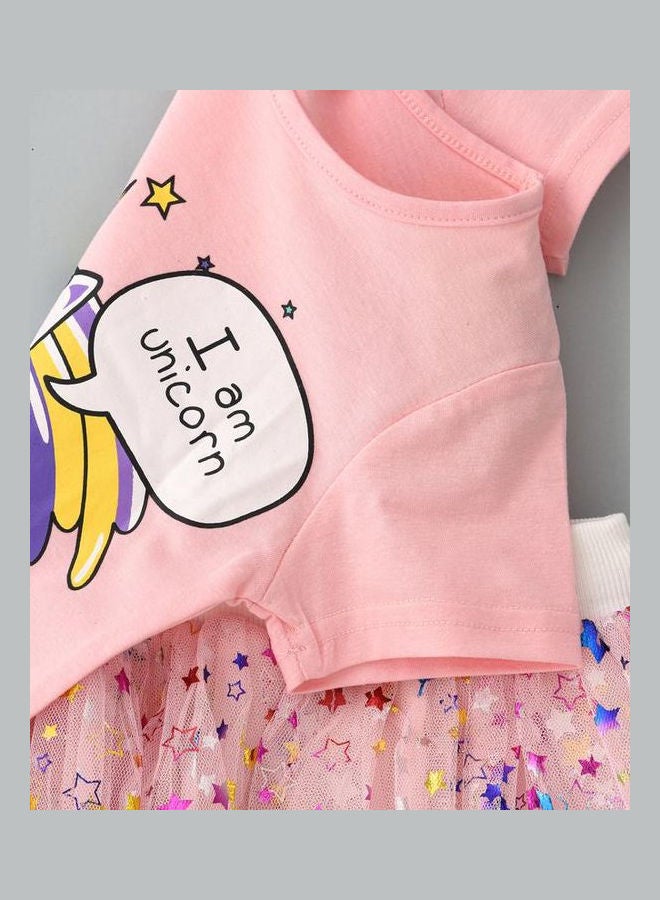babyqlo Kittycorn Printed T-Shirt And Stars Printed Net Skirt Set Pink/Purple/White  - Image 4