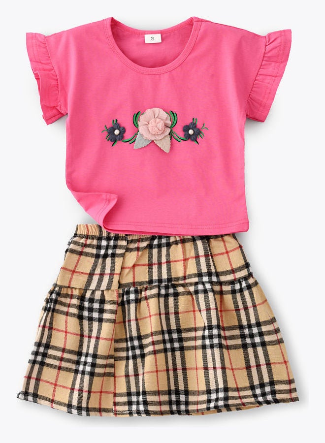 babyqlo Flower Embroidered Top And Checked Skirt Set Multicolour  - Image 1