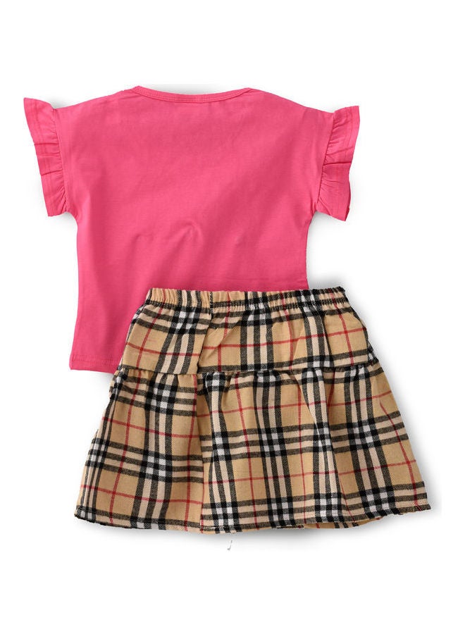 babyqlo Flower Embroidered Top And Checked Skirt Set Multicolour  - Image 2