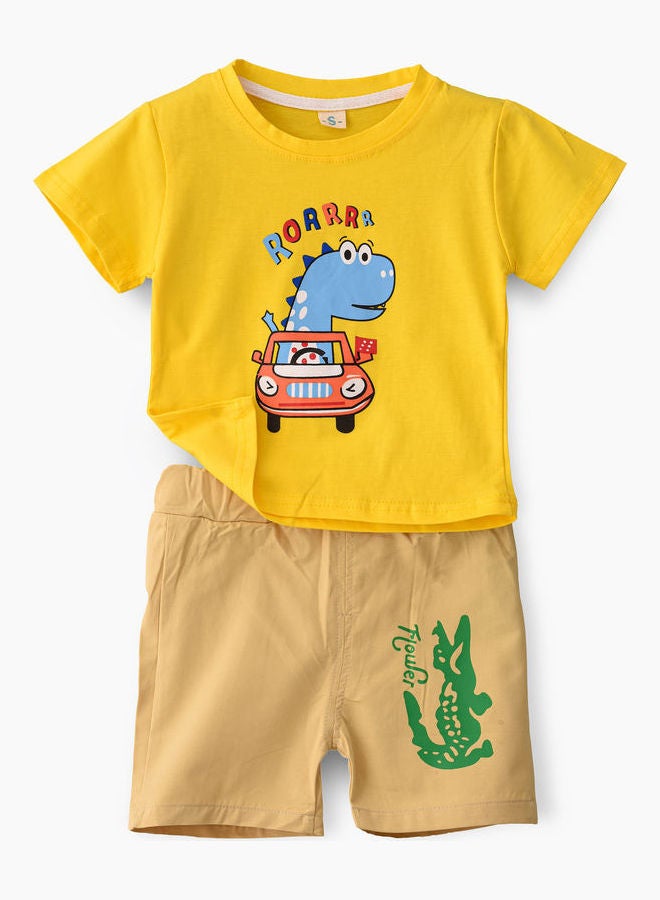 babyqlo Dino Printed T-Shirt With Shorts Set Yellow/Beige  - Image 1