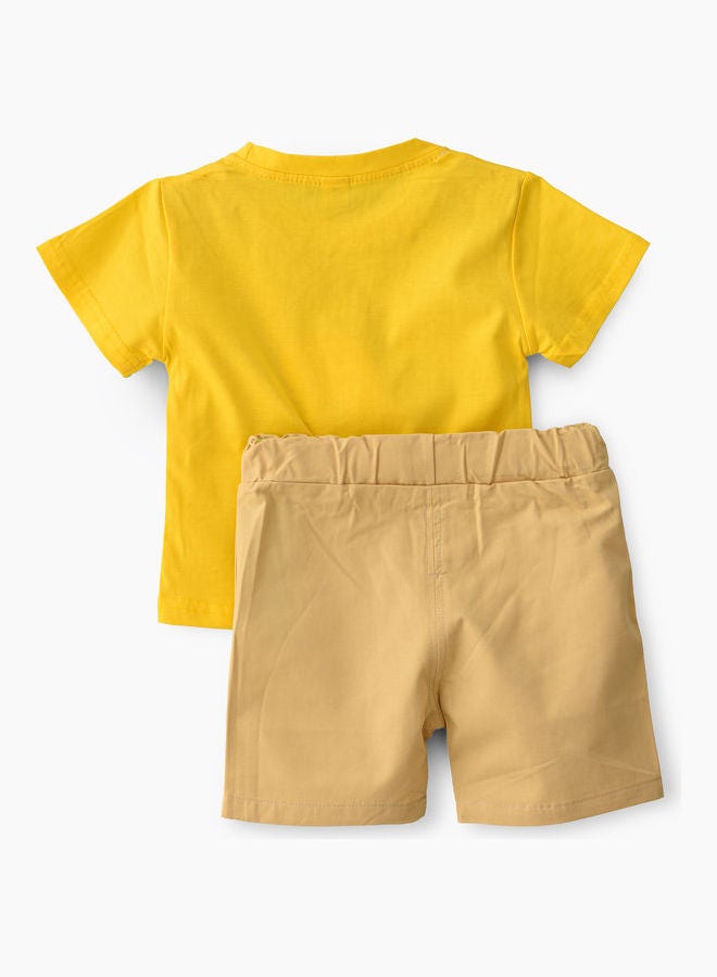 babyqlo Dino Printed T-Shirt With Shorts Set Yellow/Beige  - Image 2