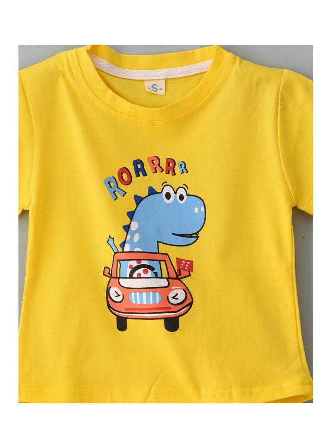 babyqlo Dino Printed T-Shirt With Shorts Set Yellow/Beige  - Image 3