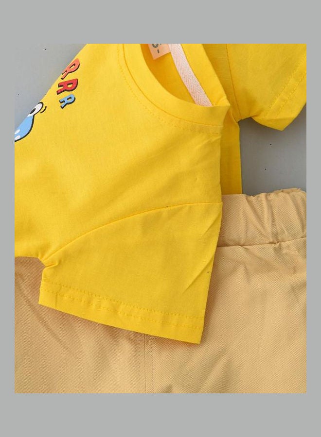 babyqlo Dino Printed T-Shirt With Shorts Set Yellow/Beige  - Image 4