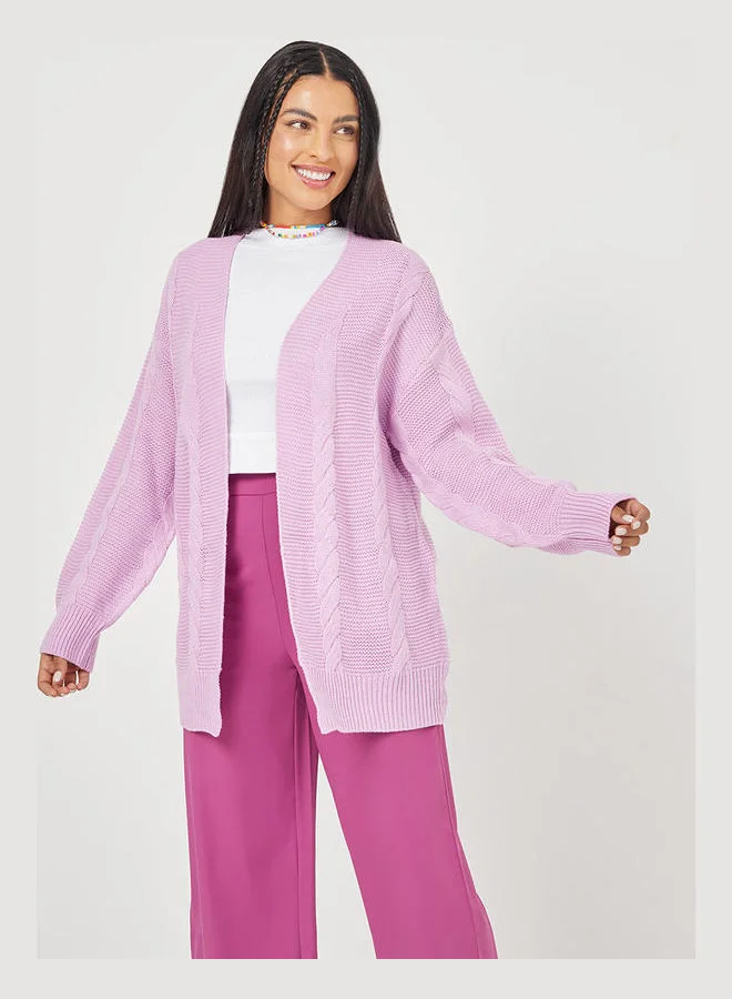 Closet By Styli Longline Cable Knit Open Front Cardigan Lilac