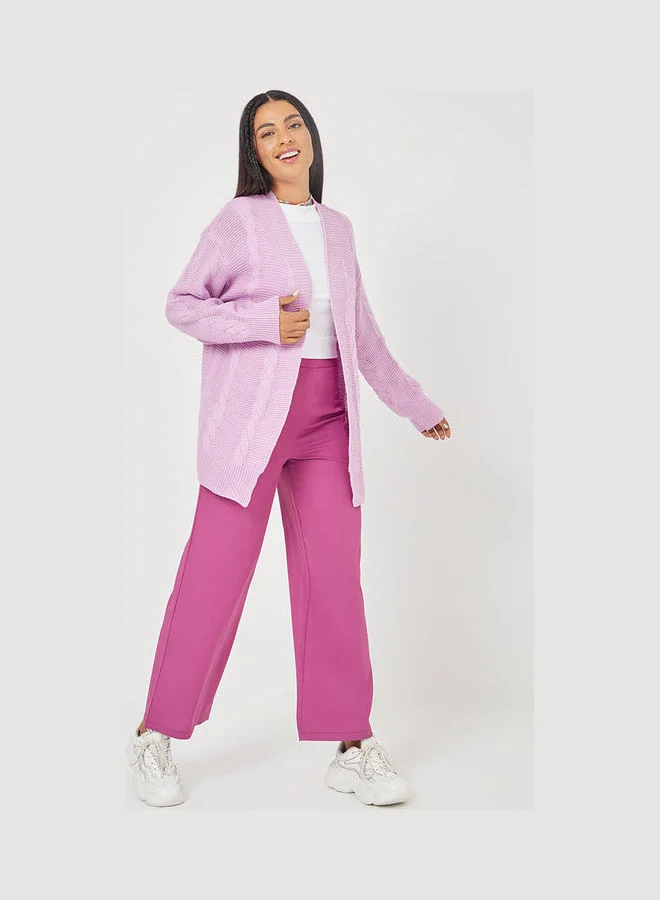 Closet By Styli Longline Cable Knit Open Front Cardigan Lilac