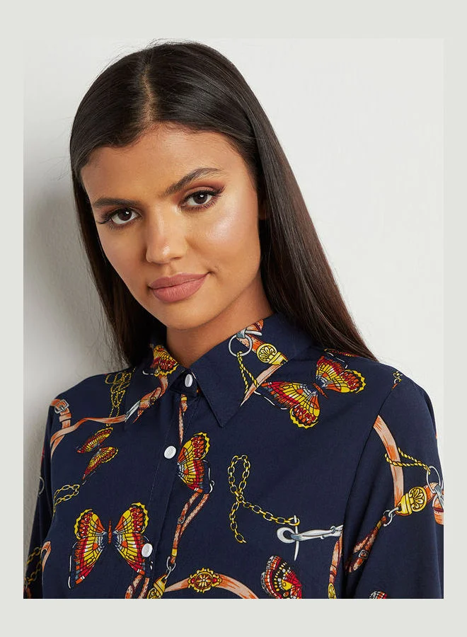Closet By Styli Chain Butterfly and Scarf Printed Belted Shirt Knee Length Dress Navy Blue