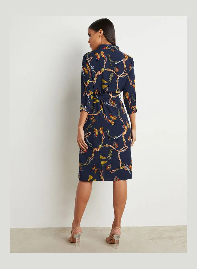 Closet By Styli Chain Butterfly and Scarf Printed Belted Shirt Knee Length Dress Navy Blue