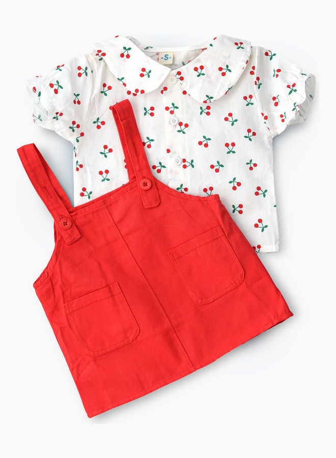 babyqlo Peter Pan Collared T-Shirt And Dungree Set Red/White - Image 1
