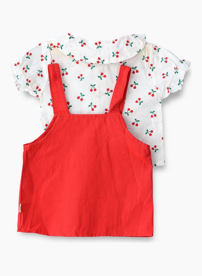 babyqlo Peter Pan Collared T-Shirt And Dungree Set Red/White - Image 3