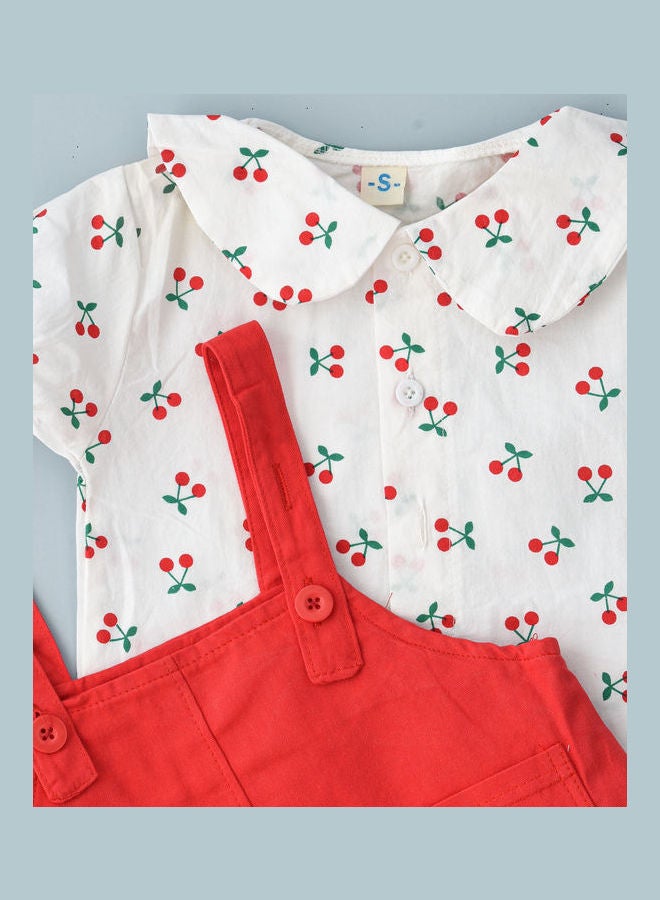 babyqlo Peter Pan Collared T-Shirt And Dungree Set Red/White - Image 4