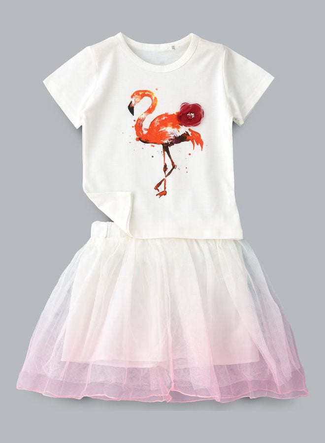 babyqlo Swan Printed T-Shirt And Skirt Set White/Light Pink  - Image 1