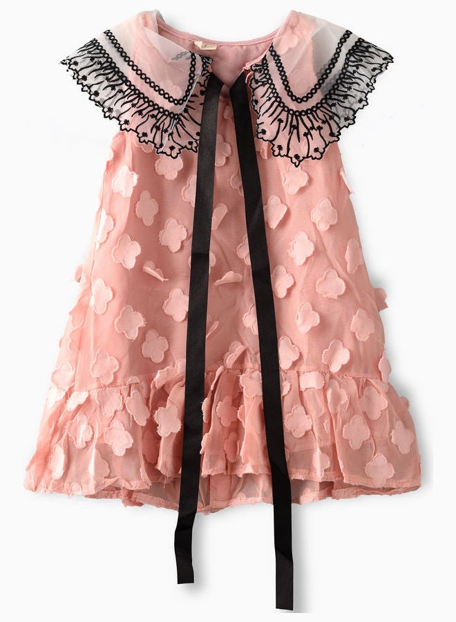 babyqlo Peter Pan Collor Lace Knee Length Dress Pink/Black  - Image 1
