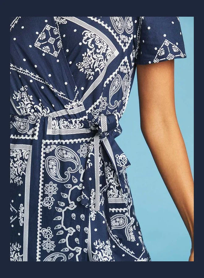 Closet By Styli Scarf Print V-Neck Maxi Dress with Short Sleeves Navy Blue