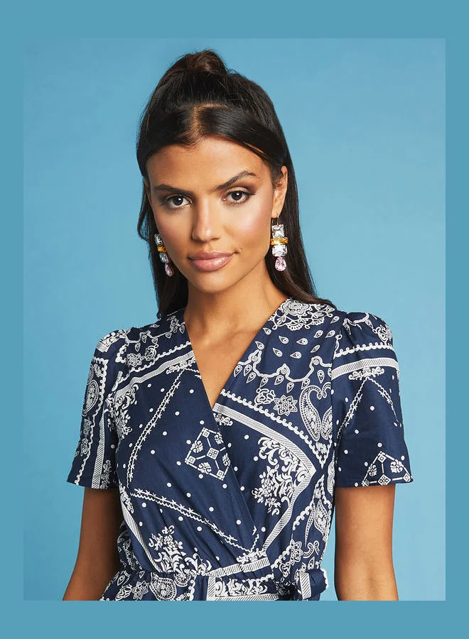 Closet By Styli Scarf Print V-Neck Maxi Dress with Short Sleeves Navy Blue