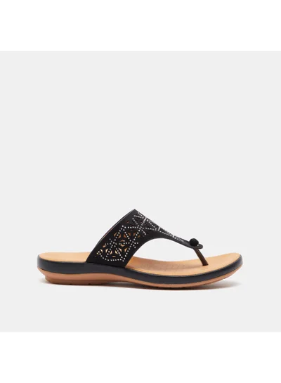 shoexpress Embellished Slip On Thong Sandals Black/Beige