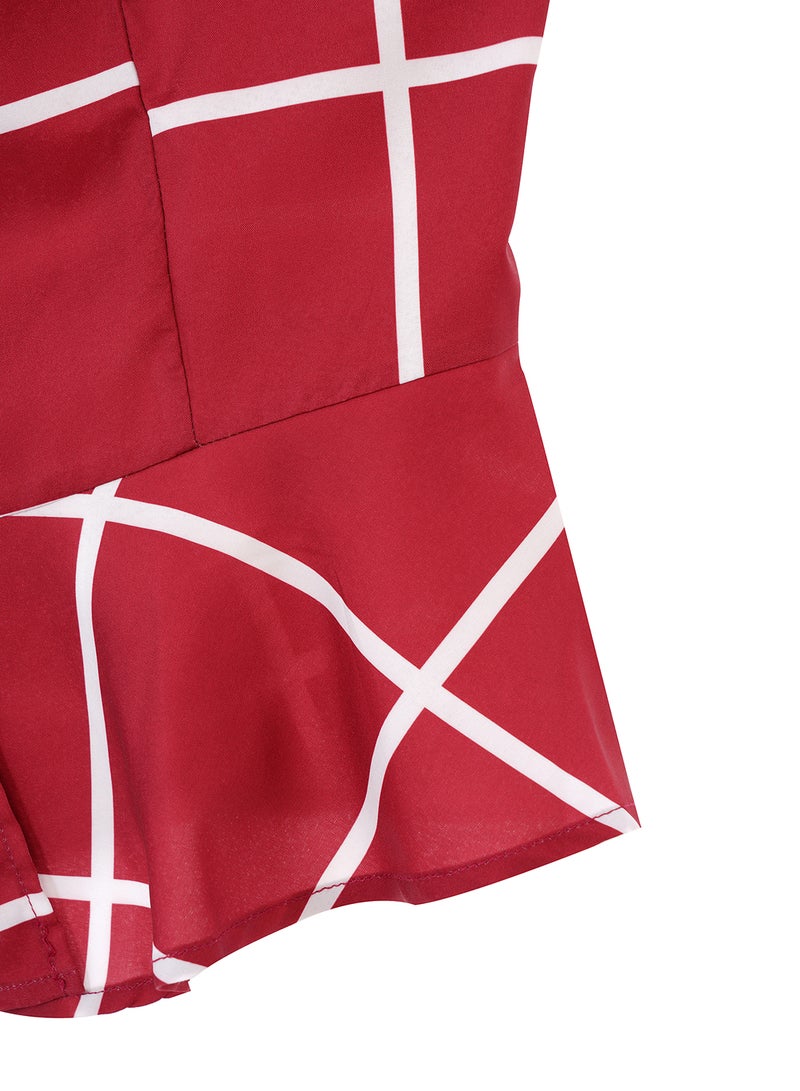 Aila Women's Casual Sleeveless Check Design Peplum Top Red  - Image 5