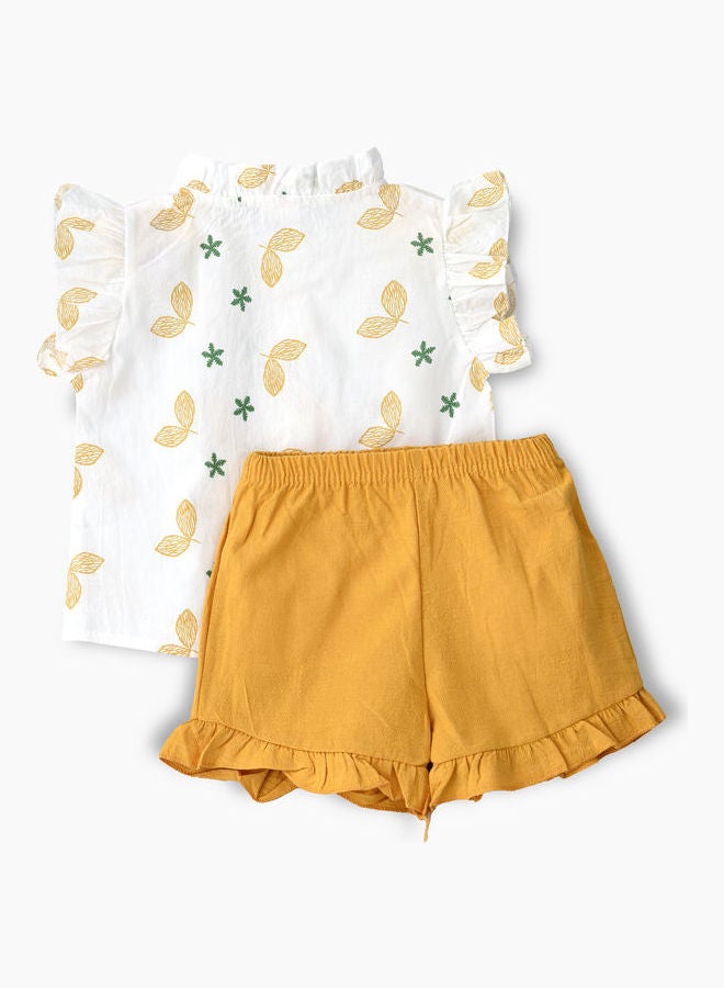 babyqlo Printed T-Shirt And Shorts Set White/Yellow/Green  - Image 2