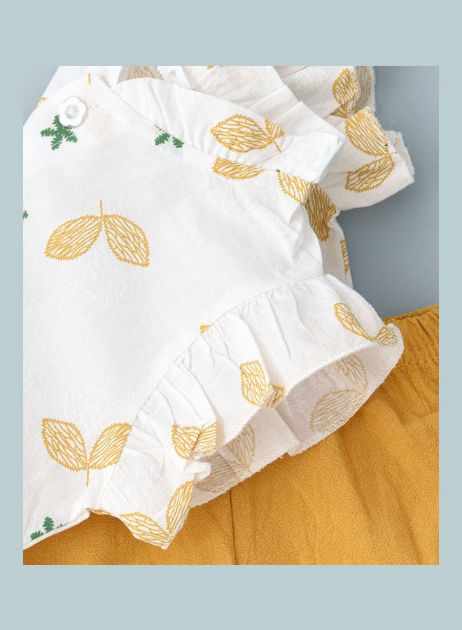 babyqlo Printed T-Shirt And Shorts Set White/Yellow/Green  - Image 3