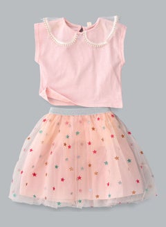 Peter Pan Coller T-Shirt And Star Printed Skirt Set Pink