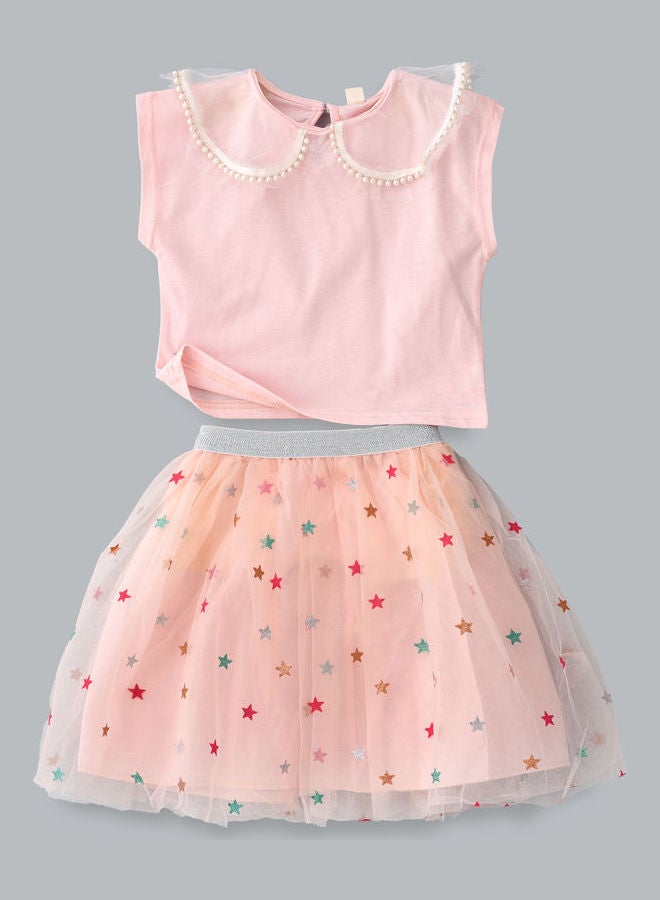 babyqlo - Peter Pan Coller T-Shirt And Star Printed Skirt Set Pink - Image 1