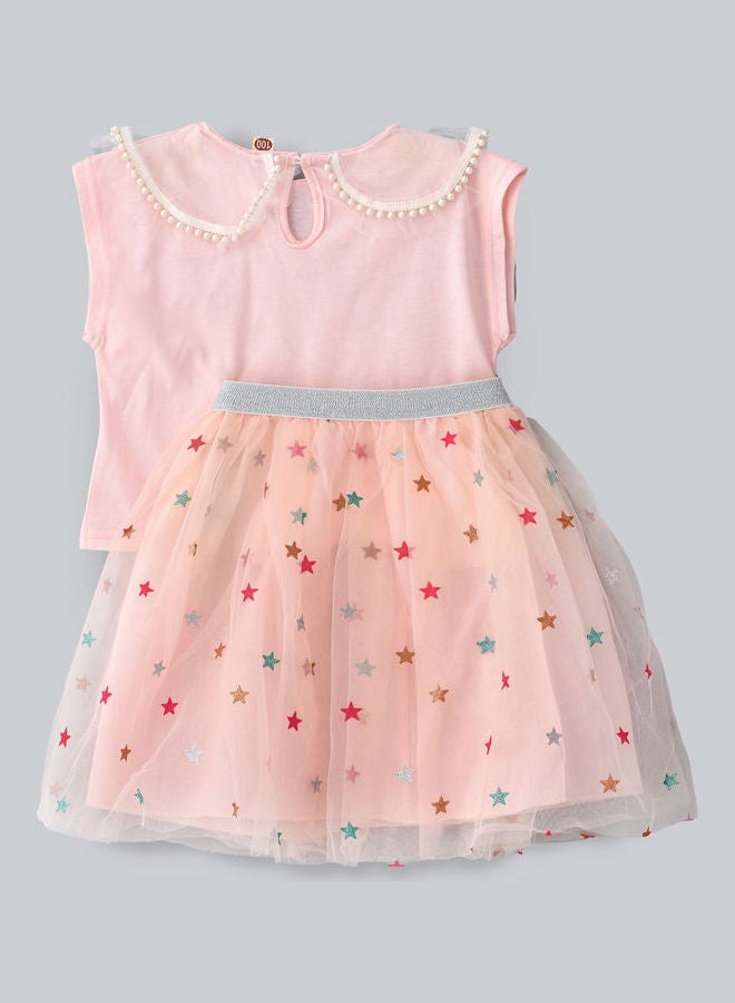 babyqlo - Peter Pan Coller T-Shirt And Star Printed Skirt Set Pink - Image 1