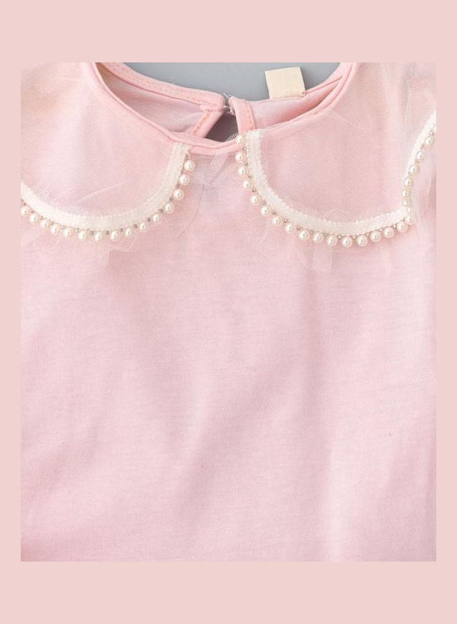 babyqlo - Peter Pan Coller T-Shirt And Star Printed Skirt Set Pink - Image 1