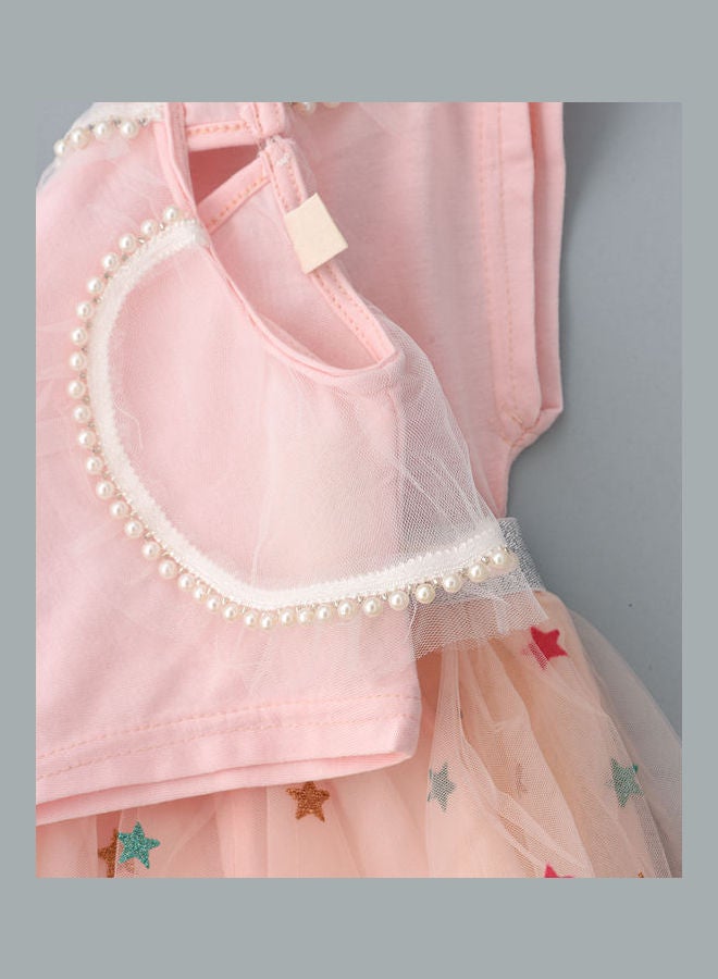 babyqlo - Peter Pan Coller T-Shirt And Star Printed Skirt Set Pink - Image 1