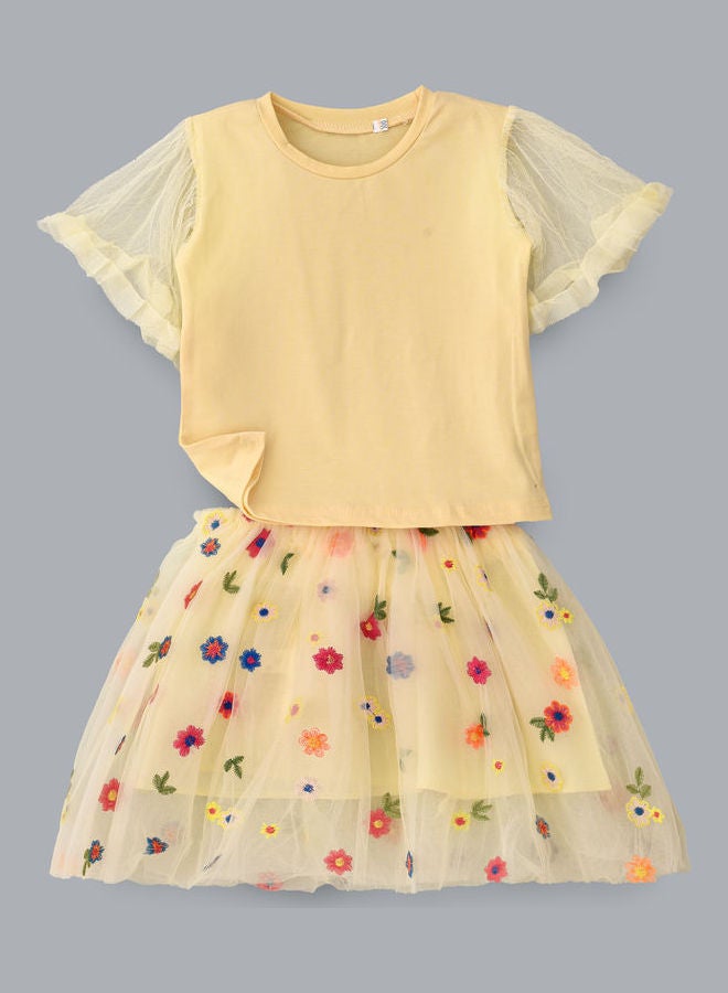 babyqlo Bell Sleeve T-Shirt And Floral Printed Skirt Set Beige  - Image 1