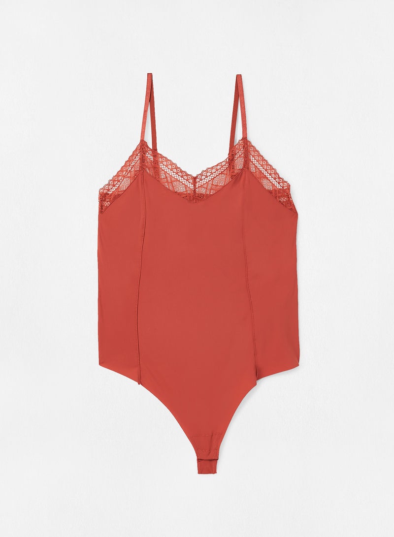 ONLY - Lace Trim Bodysuit Pale Red - Image 1