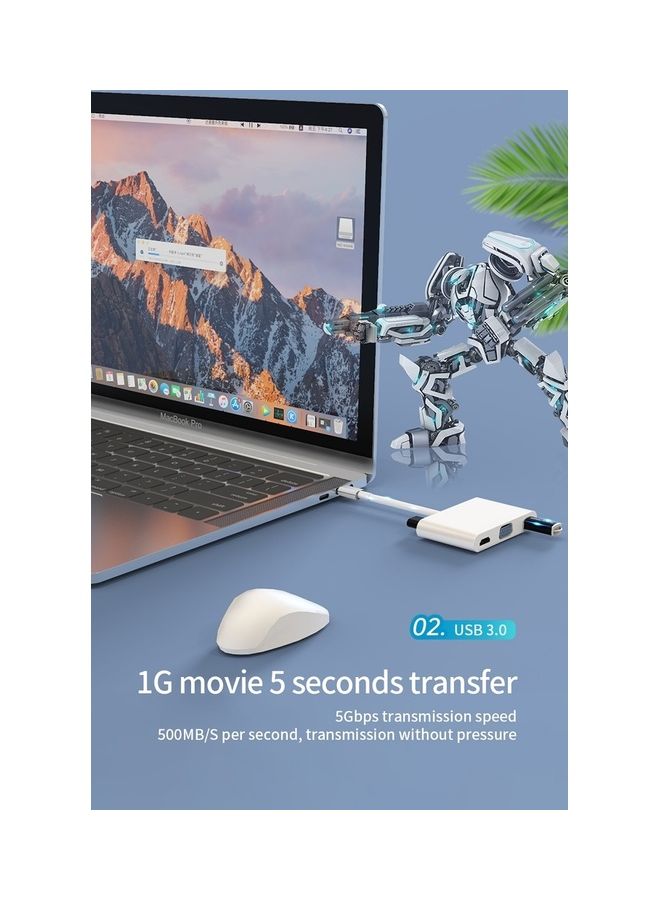 Generic - 7-In-1 Type C Adapter Hub With 4K HDMI, VGA, 3.5mm Audio Jack, USB 3.0, 2.0 And C PD Quick Charge Port White - Image 1