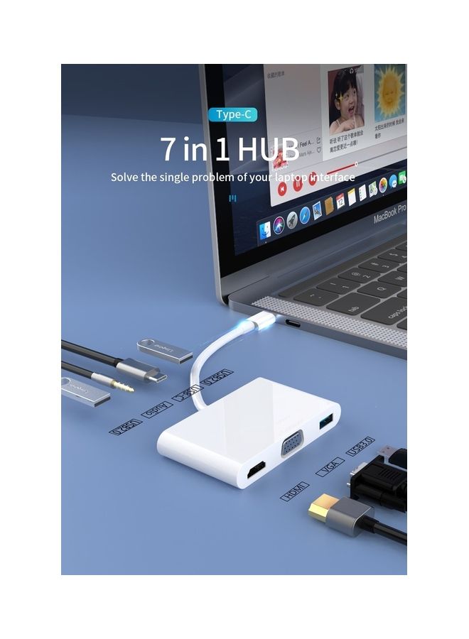 Generic - 7-In-1 Type C Adapter Hub With 4K HDMI, VGA, 3.5mm Audio Jack, USB 3.0, 2.0 And C PD Quick Charge Port White - Image 1